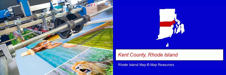 a press run on an offset printer; Kent County, Rhode Island highlighted in red on a map