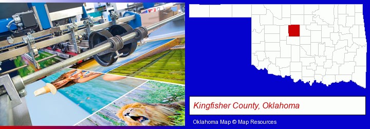 a press run on an offset printer; Kingfisher County, Oklahoma highlighted in red on a map