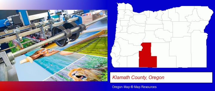 a press run on an offset printer; Klamath County, Oregon highlighted in red on a map