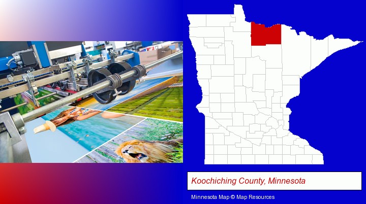 a press run on an offset printer; Koochiching County, Minnesota highlighted in red on a map