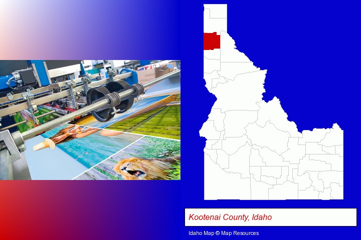 a press run on an offset printer; Kootenai County, Idaho highlighted in red on a map