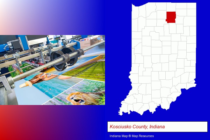 a press run on an offset printer; Kosciusko County, Indiana highlighted in red on a map