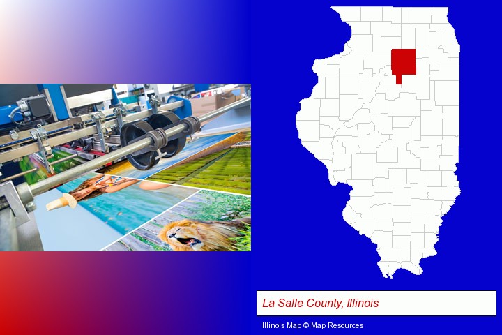 a press run on an offset printer; La Salle County, Illinois highlighted in red on a map