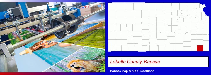 a press run on an offset printer; Labette County, Kansas highlighted in red on a map