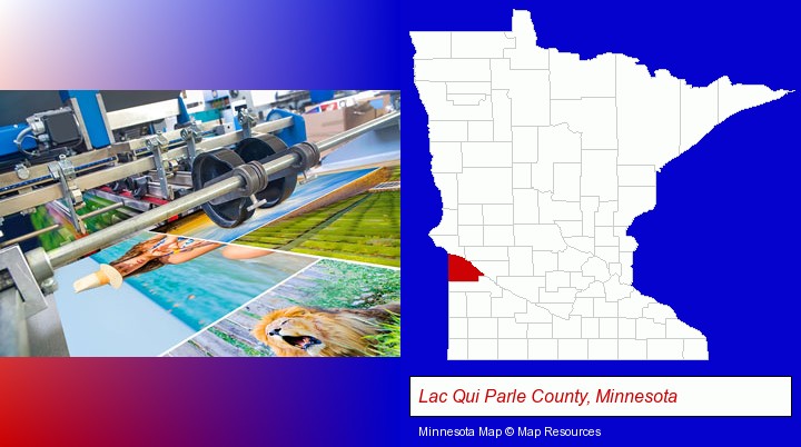 a press run on an offset printer; Lac Qui Parle County, Minnesota highlighted in red on a map