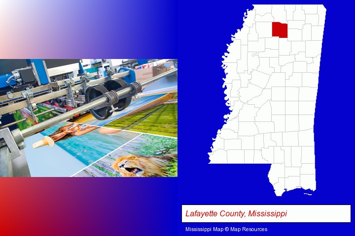 a press run on an offset printer; Lafayette County, Mississippi highlighted in red on a map
