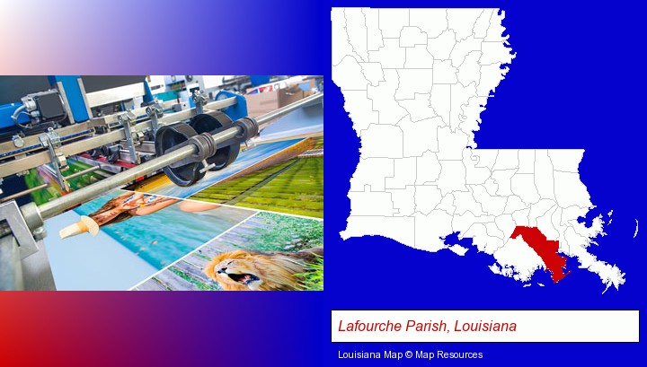 a press run on an offset printer; Lafourche Parish, Louisiana highlighted in red on a map