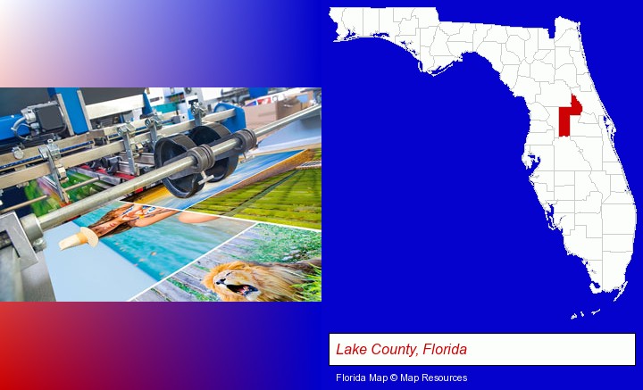 a press run on an offset printer; Lake County, Florida highlighted in red on a map