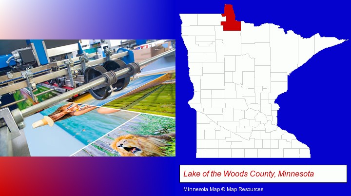 a press run on an offset printer; Lake of the Woods County, Minnesota highlighted in red on a map