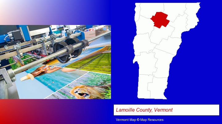 a press run on an offset printer; Lamoille County, Vermont highlighted in red on a map