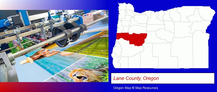a press run on an offset printer; Lane County, Oregon highlighted in red on a map