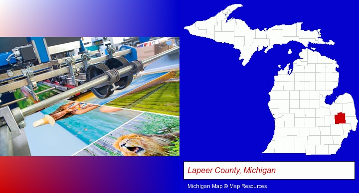 a press run on an offset printer; Lapeer County, Michigan highlighted in red on a map