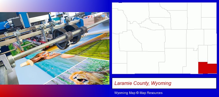 a press run on an offset printer; Laramie County, Wyoming highlighted in red on a map