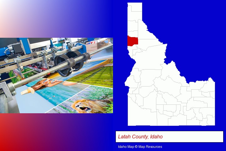 a press run on an offset printer; Latah County, Idaho highlighted in red on a map