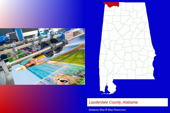 a press run on an offset printer; Lauderdale County, Alabama highlighted in red on a map