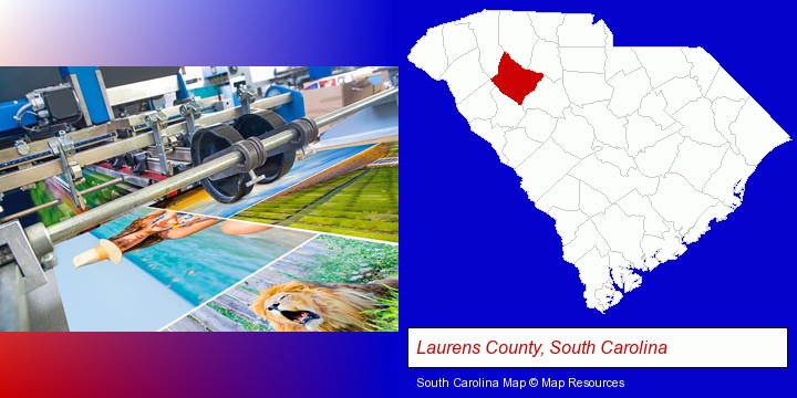 a press run on an offset printer; Laurens County, South Carolina highlighted in red on a map