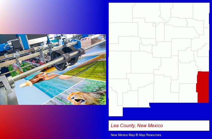 a press run on an offset printer; Lea County, New Mexico highlighted in red on a map