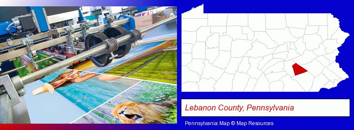 a press run on an offset printer; Lebanon County, Pennsylvania highlighted in red on a map