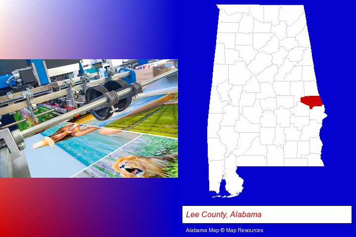 a press run on an offset printer; Lee County, Alabama highlighted in red on a map