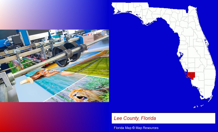 a press run on an offset printer; Lee County, Florida highlighted in red on a map