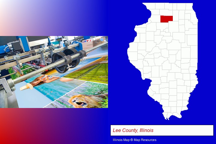 a press run on an offset printer; Lee County, Illinois highlighted in red on a map