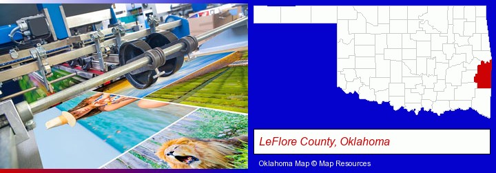a press run on an offset printer; LeFlore County, Oklahoma highlighted in red on a map