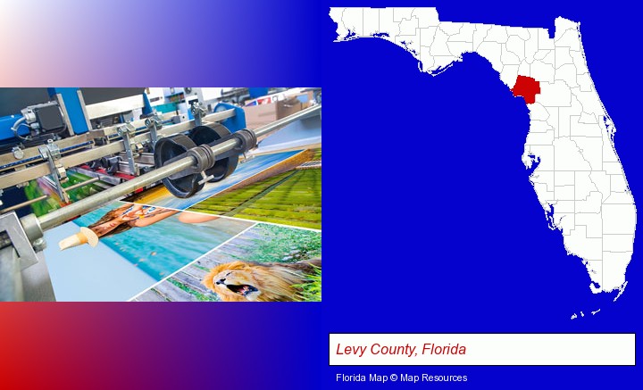 a press run on an offset printer; Levy County, Florida highlighted in red on a map