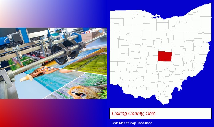 a press run on an offset printer; Licking County, Ohio highlighted in red on a map