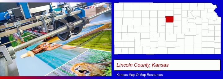 a press run on an offset printer; Lincoln County, Kansas highlighted in red on a map