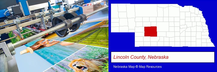 a press run on an offset printer; Lincoln County, Nebraska highlighted in red on a map