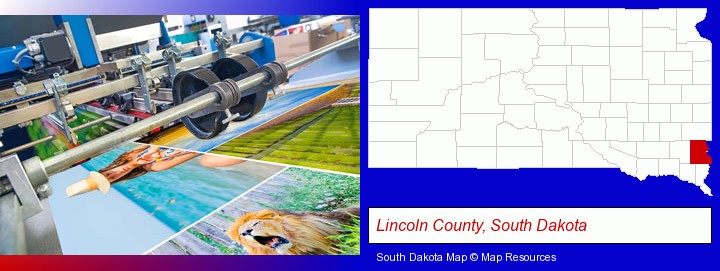 a press run on an offset printer; Lincoln County, South Dakota highlighted in red on a map