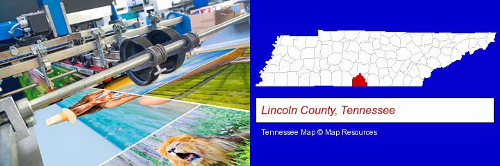 a press run on an offset printer; Lincoln County, Tennessee highlighted in red on a map