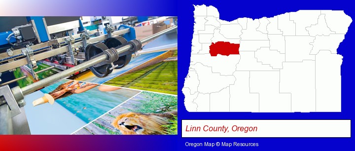 a press run on an offset printer; Linn County, Oregon highlighted in red on a map