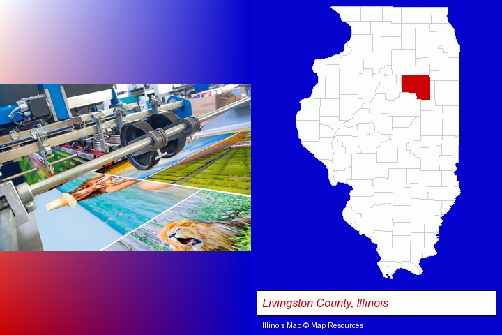 a press run on an offset printer; Livingston County, Illinois highlighted in red on a map