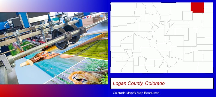 a press run on an offset printer; Logan County, Colorado highlighted in red on a map