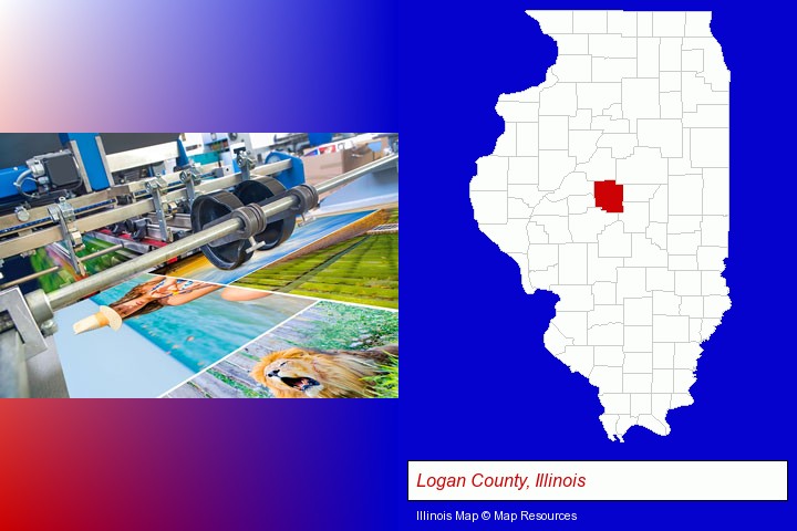 a press run on an offset printer; Logan County, Illinois highlighted in red on a map