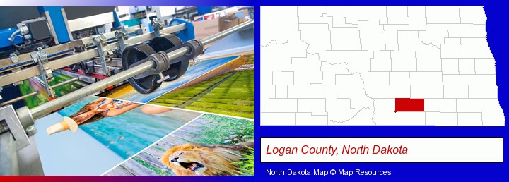 a press run on an offset printer; Logan County, North Dakota highlighted in red on a map