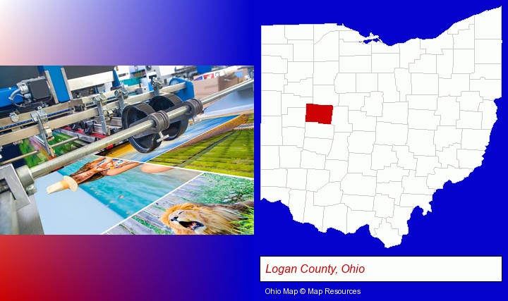 a press run on an offset printer; Logan County, Ohio highlighted in red on a map