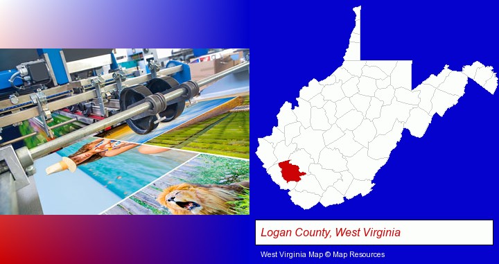 a press run on an offset printer; Logan County, West Virginia highlighted in red on a map