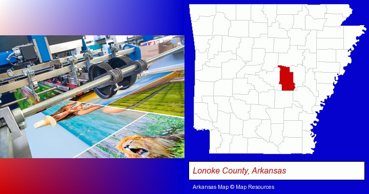 a press run on an offset printer; Lonoke County, Arkansas highlighted in red on a map