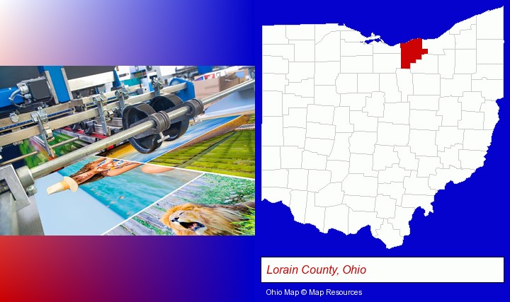 a press run on an offset printer; Lorain County, Ohio highlighted in red on a map