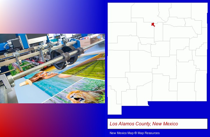 a press run on an offset printer; Los Alamos County, New Mexico highlighted in red on a map