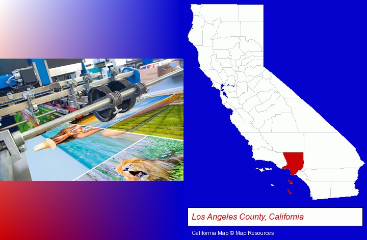 a press run on an offset printer; Los Angeles County, California highlighted in red on a map