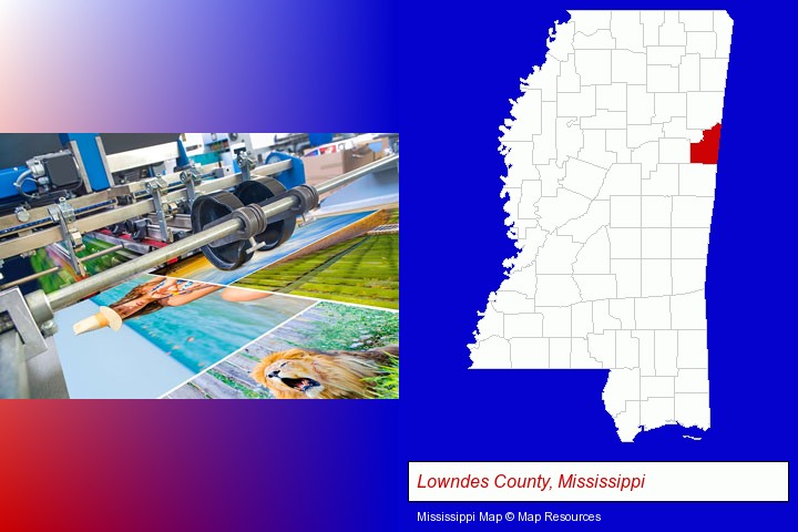 a press run on an offset printer; Lowndes County, Mississippi highlighted in red on a map