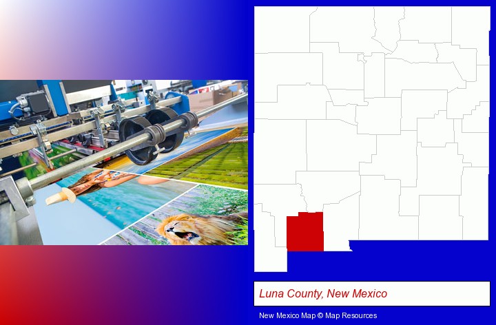 a press run on an offset printer; Luna County, New Mexico highlighted in red on a map
