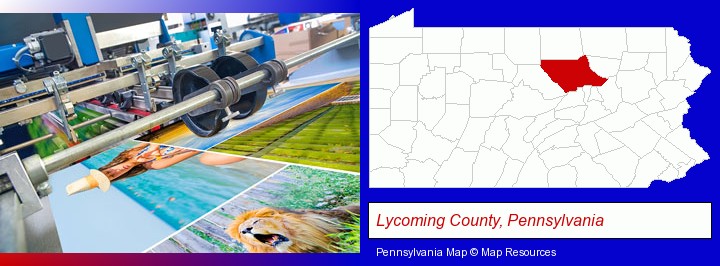 a press run on an offset printer; Lycoming County, Pennsylvania highlighted in red on a map