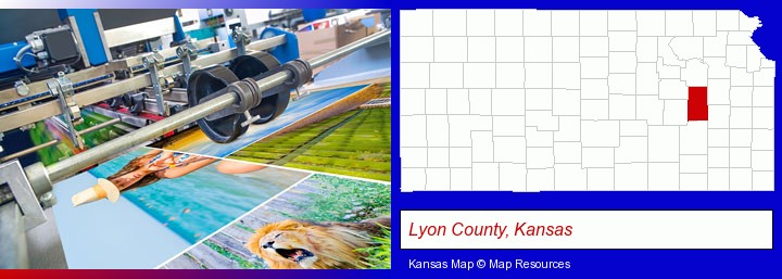 a press run on an offset printer; Lyon County, Kansas highlighted in red on a map