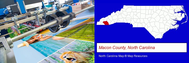 a press run on an offset printer; Macon County, North Carolina highlighted in red on a map