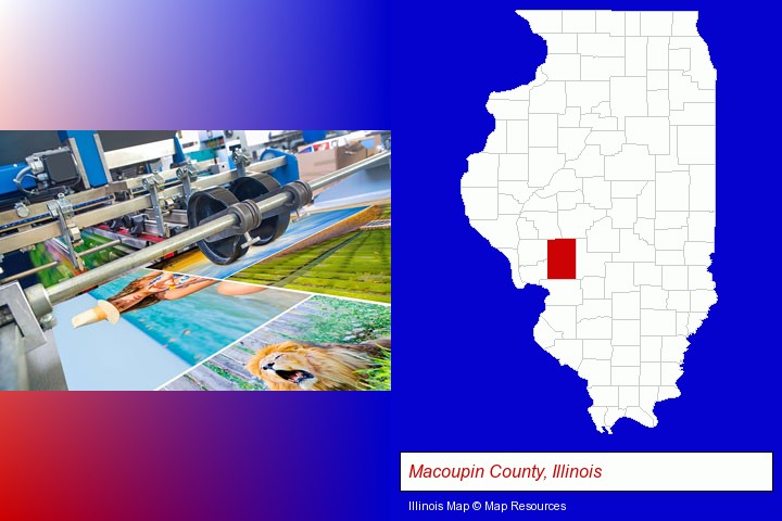 a press run on an offset printer; Macoupin County, Illinois highlighted in red on a map