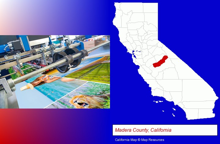 a press run on an offset printer; Madera County, California highlighted in red on a map